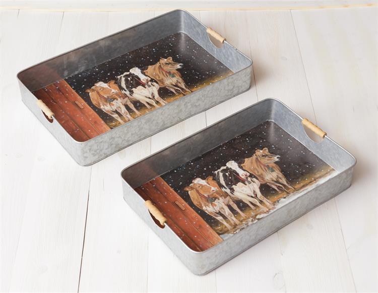 Set of 2 Cows in Snowy Barnyard Trays