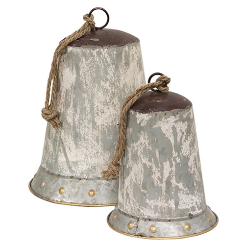 Set of 2 Distressed Graywashed Metal Bells