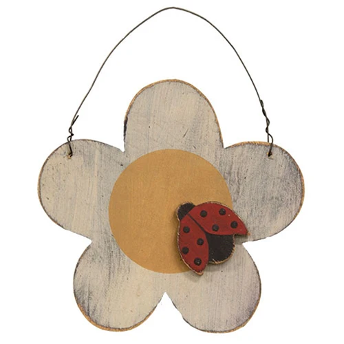 Set of 2 Distressed Wooden Flower & Ladybug and Bee Ornaments - Image 2
