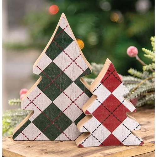 Set of 2 Distressed Wooden Plaid Mini Christmas Trees - Image 2