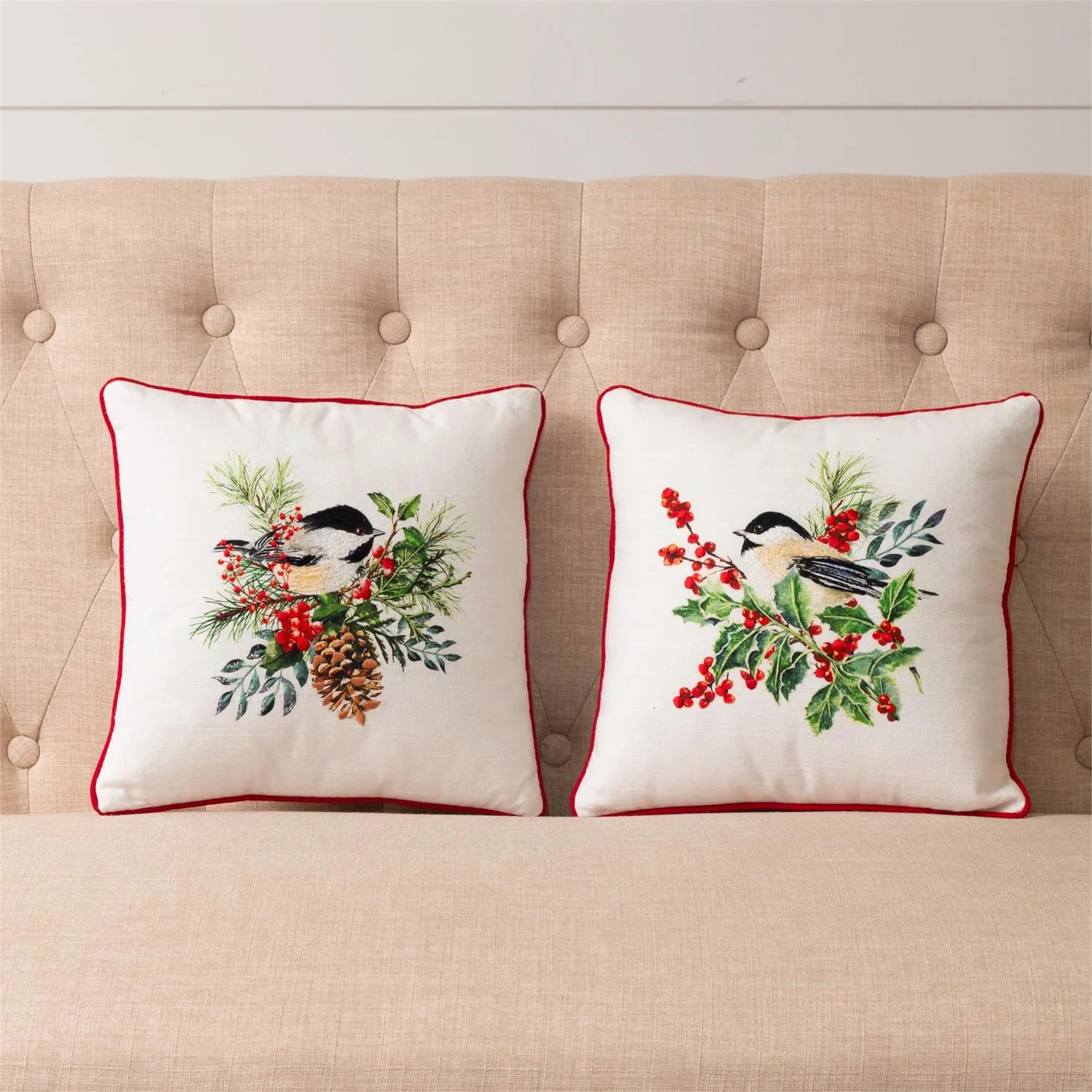 Set of 2 Embroidered Winter Chickadees 12" Accent Pillows