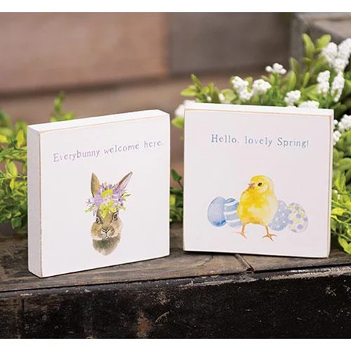 💙 Set of 2 Everybunny Welcome Watercolor Bunny and Checks 4" Square Blocks