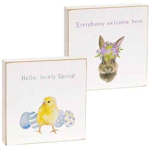 💙 Set of 2 Everybunny Welcome Watercolor Bunny and Checks 4" Square Blocks - Image 2