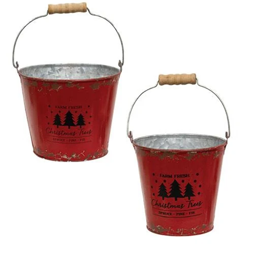 Set of 2 Farm Fresh Christmas Trees Distressed Red Metal Buckets