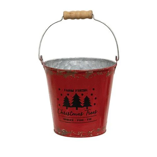 Set of 2 Farm Fresh Christmas Trees Distressed Red Metal Buckets - Image 2