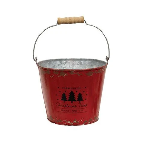 Set of 2 Farm Fresh Christmas Trees Distressed Red Metal Buckets - Image 3