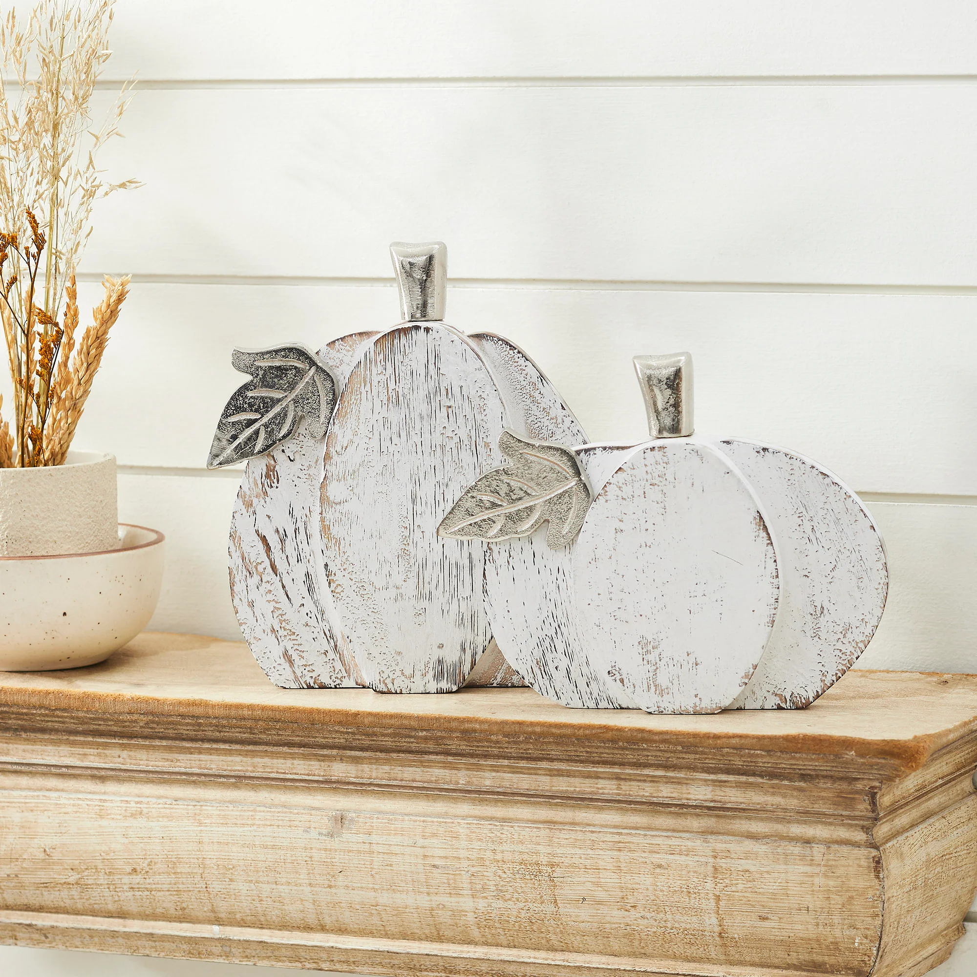 Set of 2 Farmhouse White Wash Wooden Pumpkins
