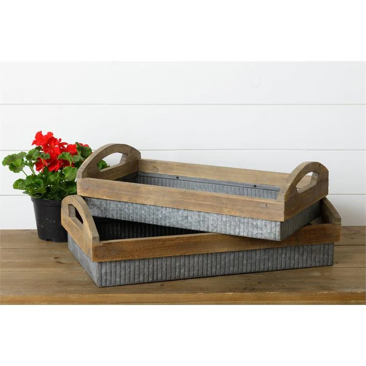 Set of 2 Galvanized Metal & Barnwood Trays