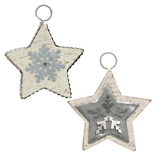 Set of 2 Galvanized Metal & Wood Star Shaped Ornaments - Image 2