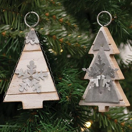 ๐ Set of 2 Galvanized Metal & Wood Tree Shaped Ornaments