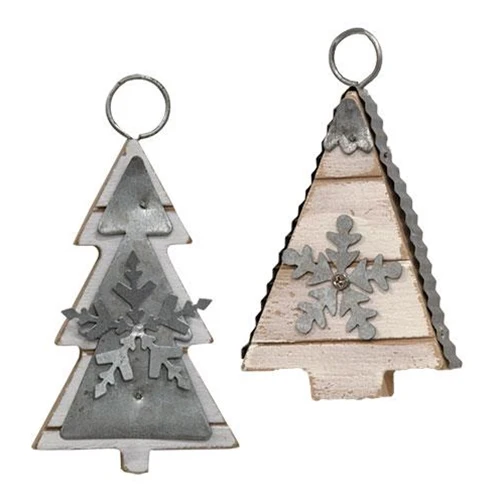 ๐ Set of 2 Galvanized Metal & Wood Tree Shaped Ornaments - Image 2