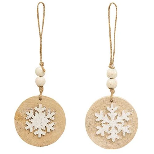 Set of 2 Glittered White Snowflake Wood Round Ornaments