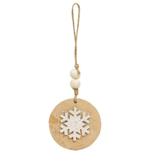 Set of 2 Glittered White Snowflake Wood Round Ornaments - Image 3