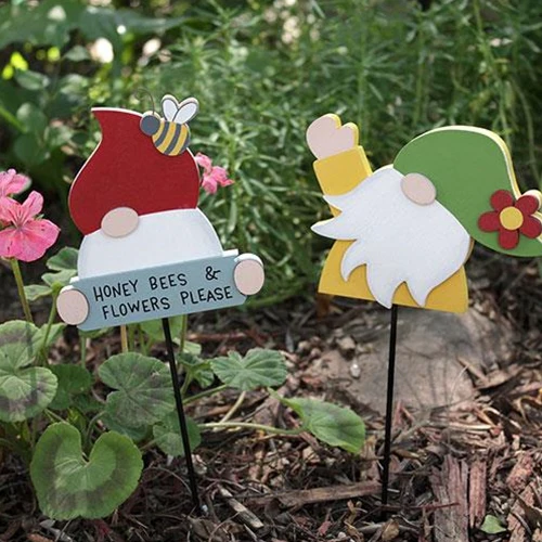 Set of 2 Gnome Honey Bees & Flowers Please Picks