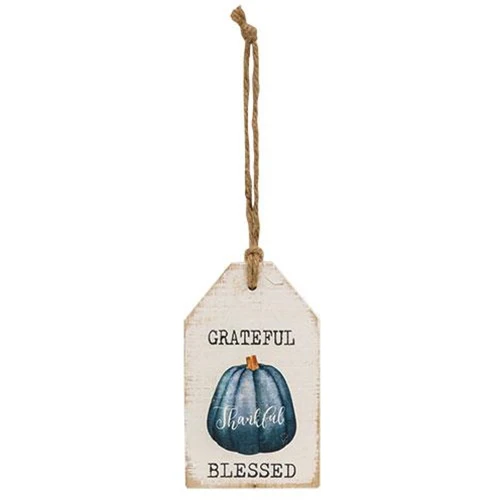 Set of 2 Grateful and Give Thanks Pumpkin Wood Tag Signs - Image 2