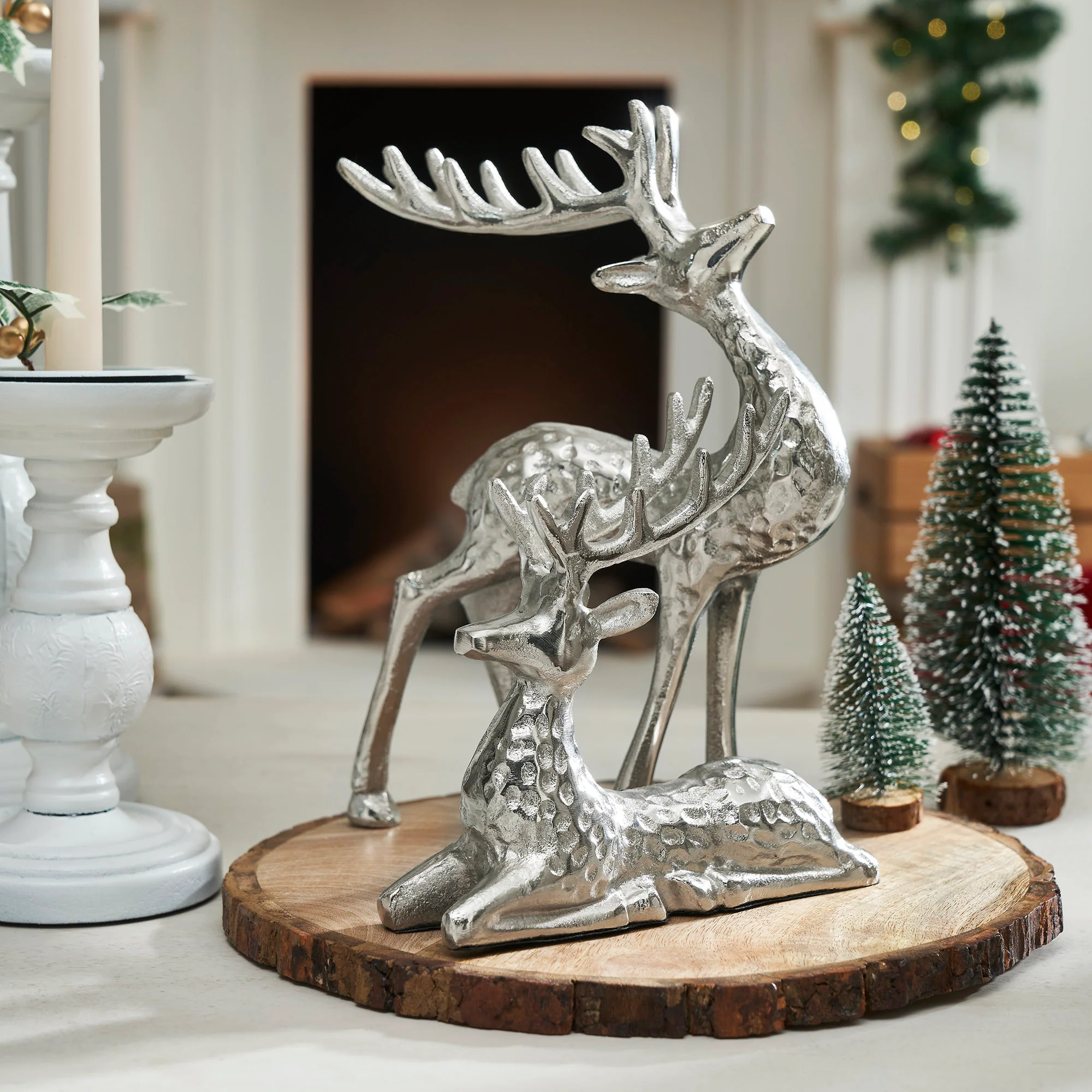Set of 2 Hammered Silver Reindeer Figurines