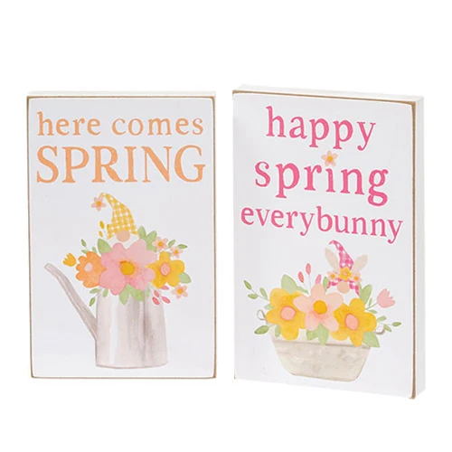 Set of 2 Happy Spring Floral Gnome Block Signs