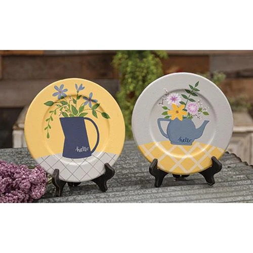 Set of 2 Hello Teapot and Pitcher with Flowers Decorative Plates - Image 2