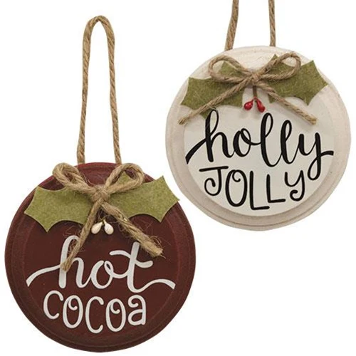 ๐ Set of 2 Hot Cocoa and Holly Jolly Button Holly Ornaments