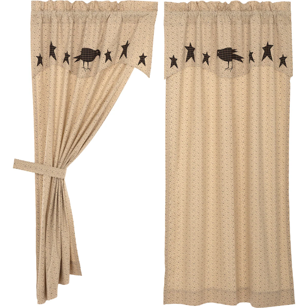 Set of 2 Kettle Grove Short Panel with Attached Applique Crow and Star Valance - Image 2