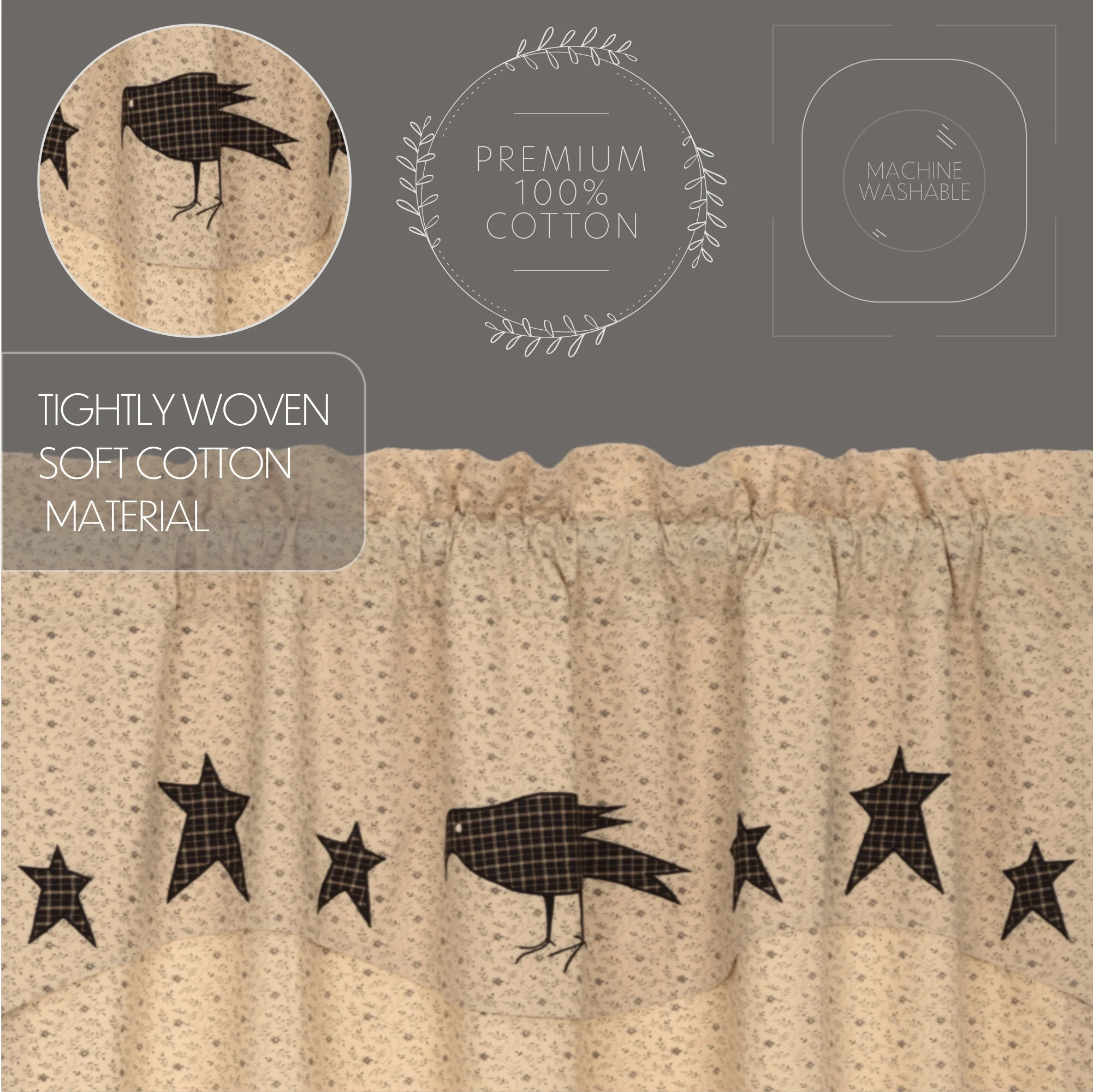 Set of 2 Kettle Grove Short Panel with Attached Applique Crow and Star Valance - Image 3