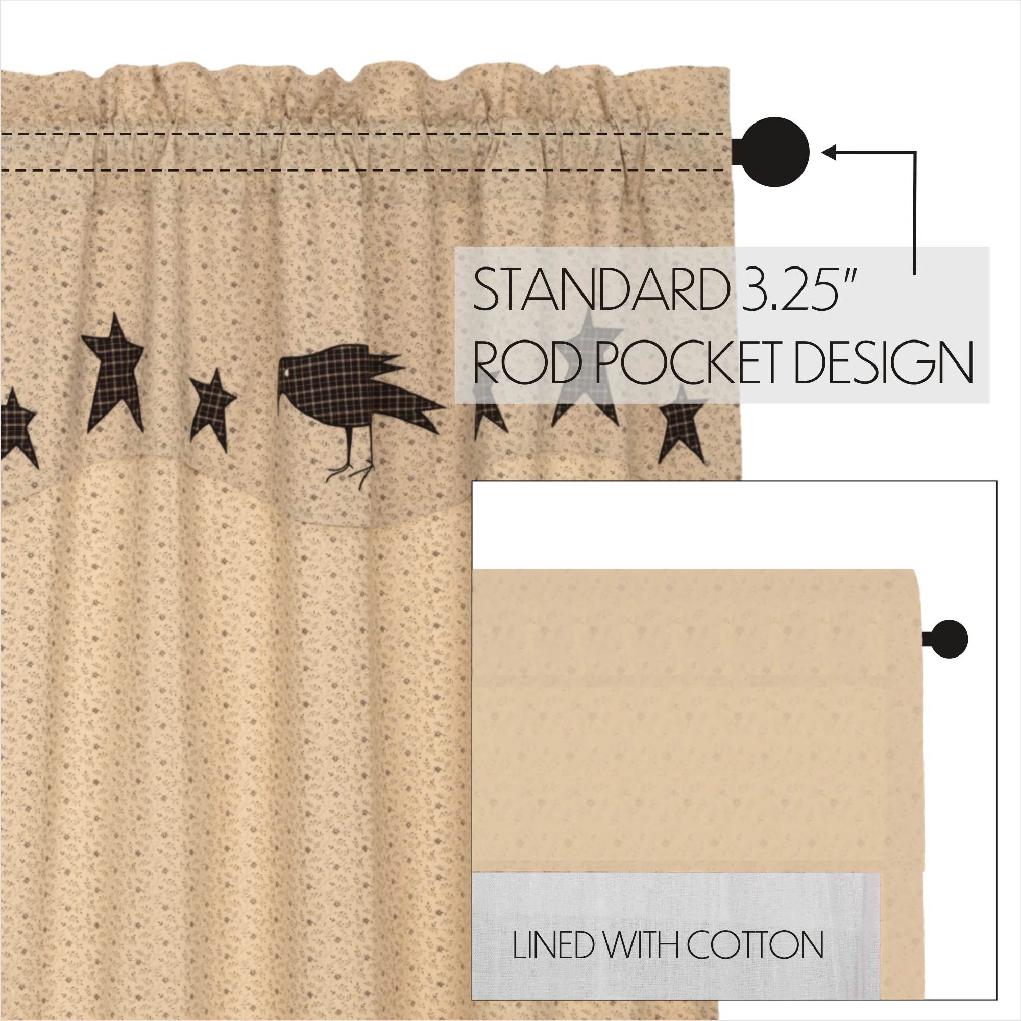 Set of 2 Kettle Grove Short Panel with Attached Applique Crow and Star Valance - Image 4