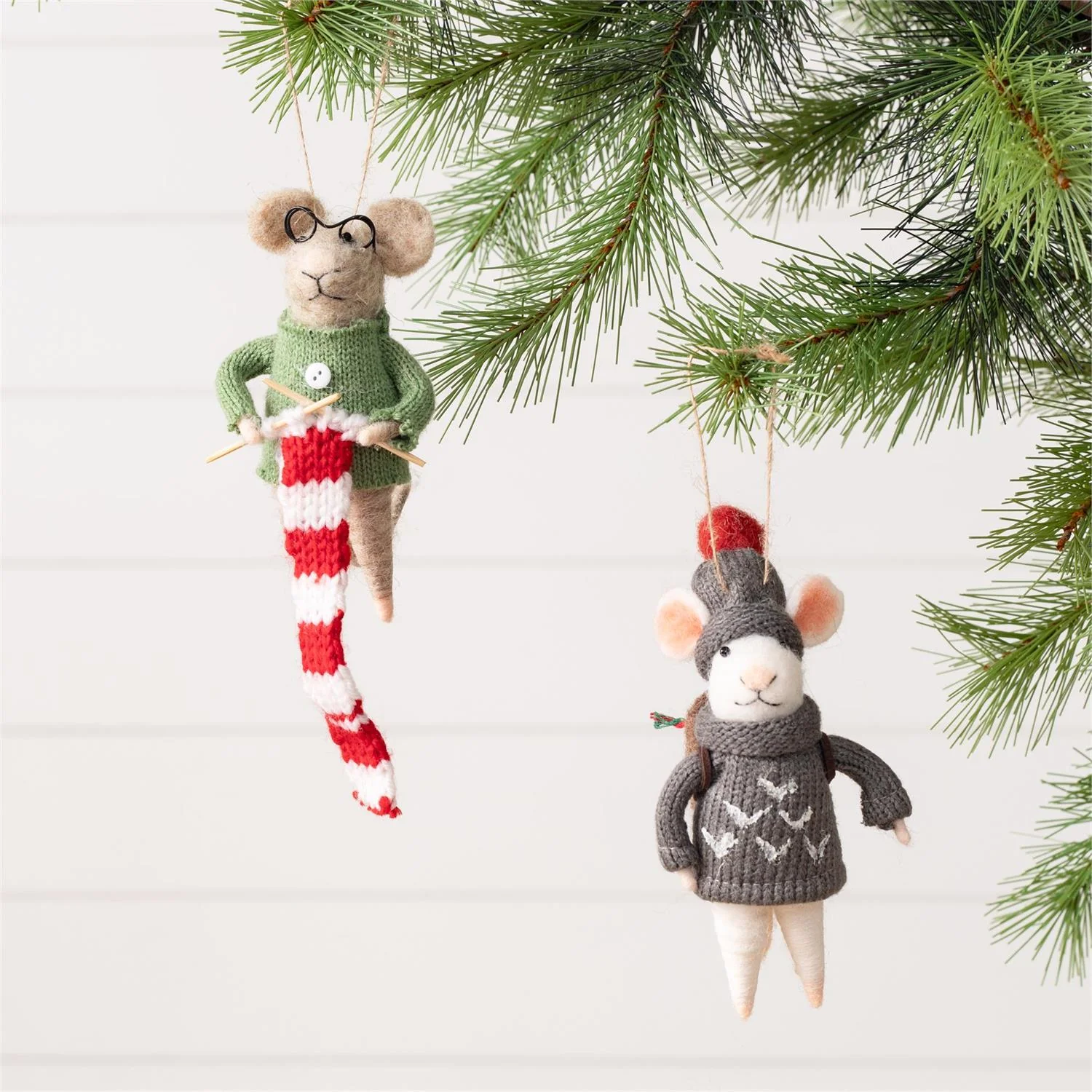 Set of 2 Knitting Sweater Mice Felt Ornaments