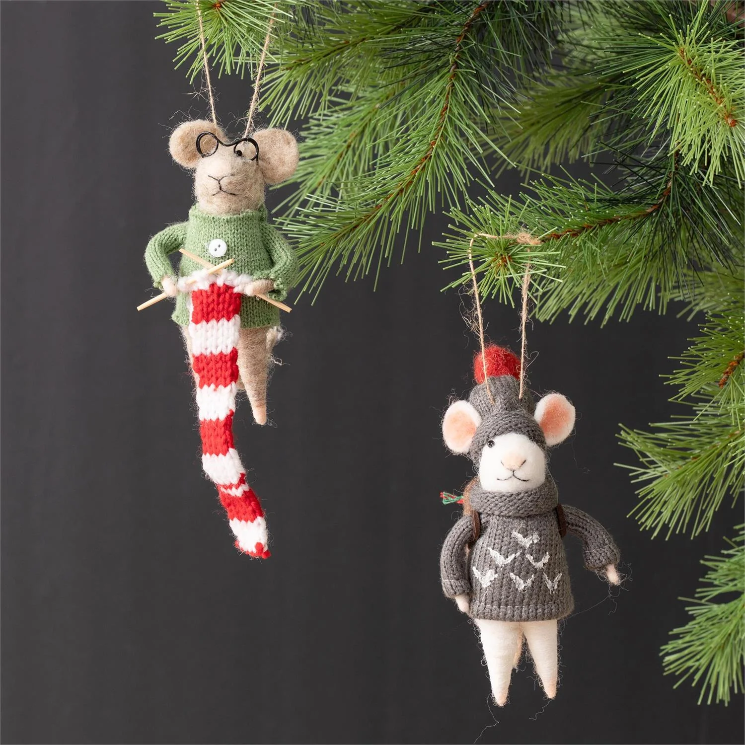 Set of 2 Knitting Sweater Mice Felt Ornaments - Image 2