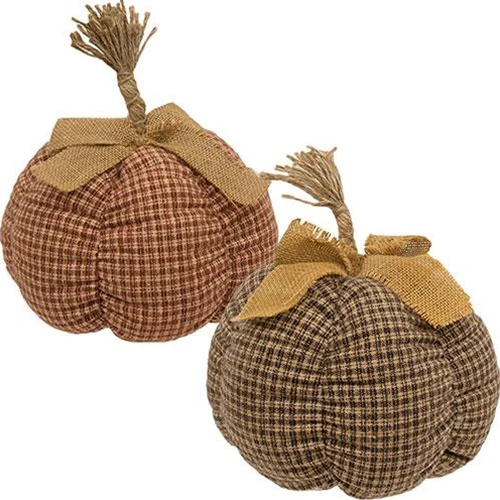 Set of 2 Large Country Plaid Fabric Pumpkin - Image 2