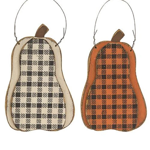 Set of 2 Layered Wood Buffalo Plaid Hanging Pumpkins