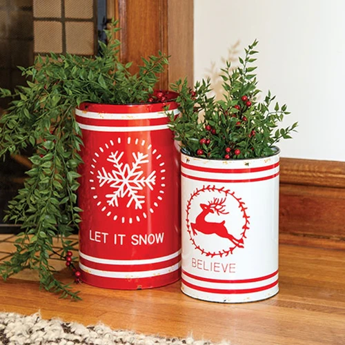 Set of 2 Let It Snow & Believe Distressed Metal Buckets - Image 2