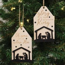 Set of 2 Let Us Adore Him Nativity Silhouette Wooden Tag Ornaments