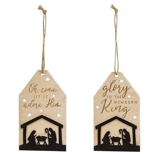 Set of 2 Let Us Adore Him Nativity Silhouette Wooden Tag Ornaments - Image 2