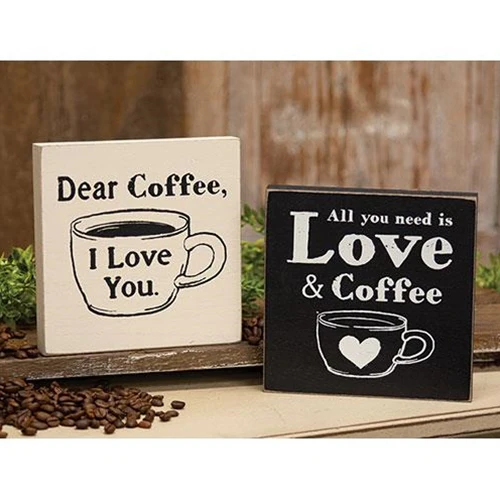 Set of 2 Love & Coffee 6" Wooden Block Signs