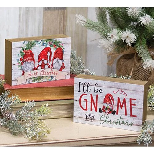 π Set of 2 Merry Christmas Gnome Wood Block Signs