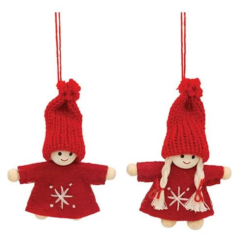 Set of 2 Mini Snowflake Stitched Wooden Doll Ornaments