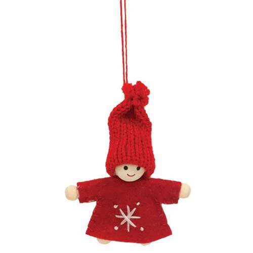Set of 2 Mini Snowflake Stitched Wooden Doll Ornaments - Image 3