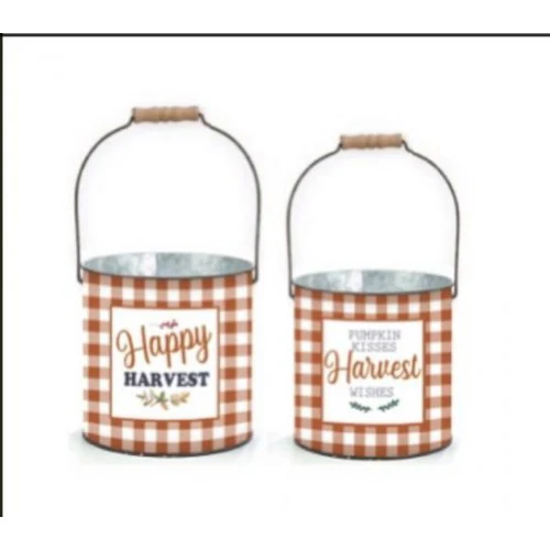 Set of 2 Orange Buffalo Check Happy Harvest Buckets
