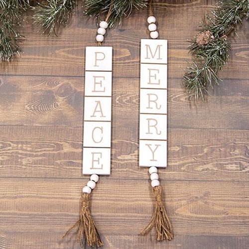 Set of 2 Peace and Merry Wooden Tile Hangers - Image 2