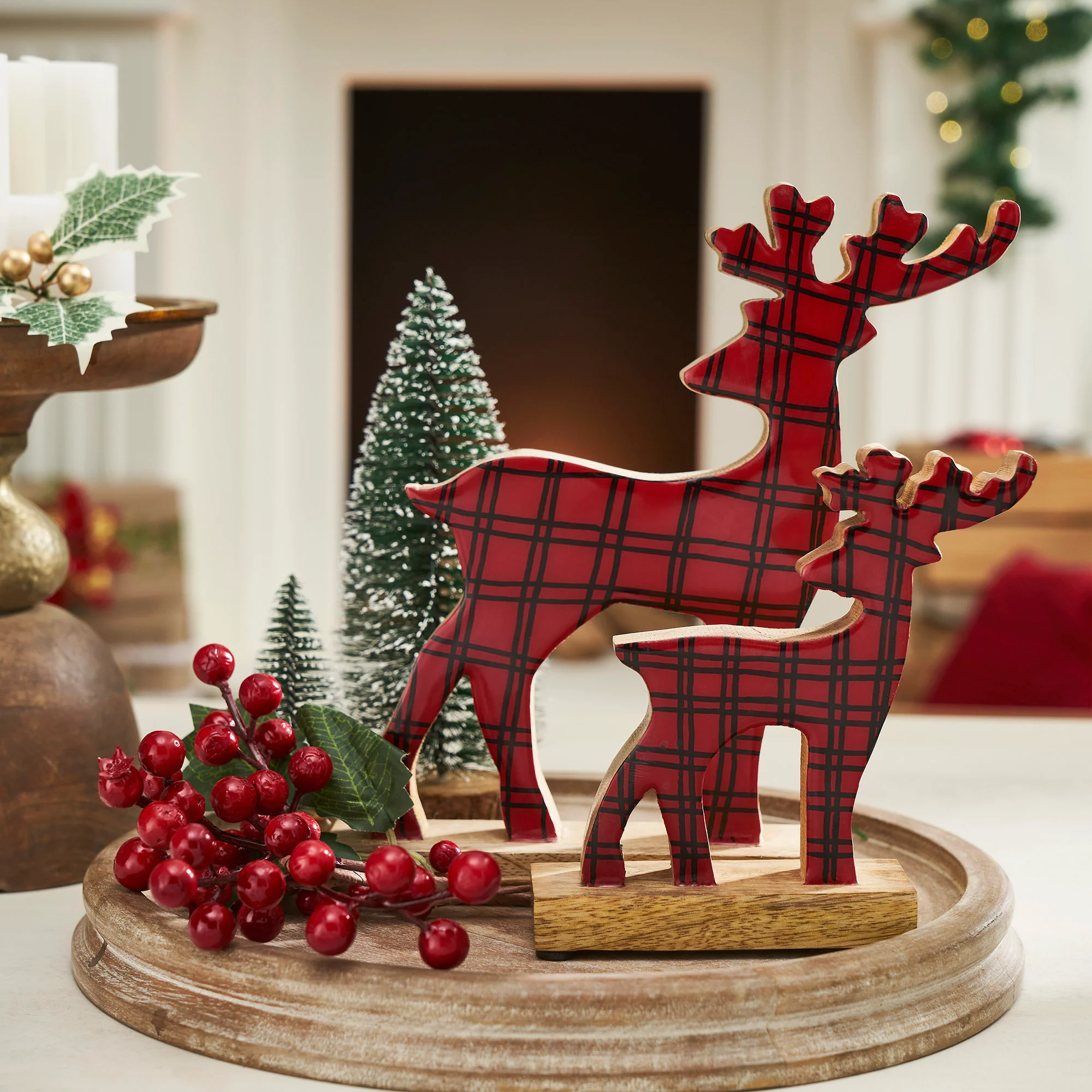 Set of 2 Red Plaid Wooden Reindeer