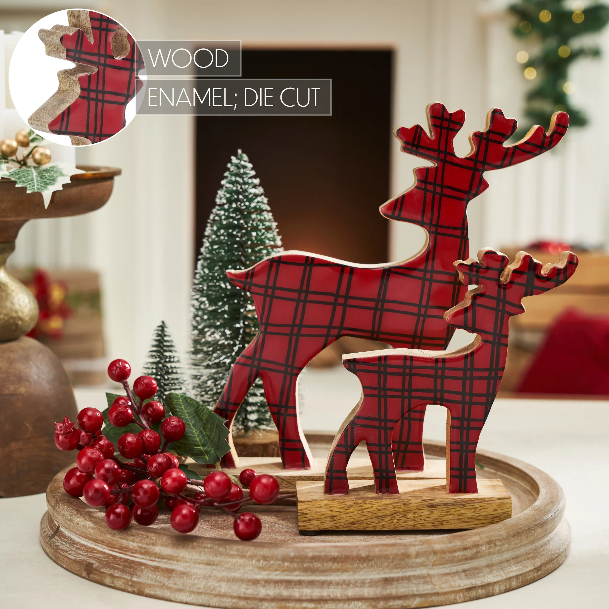 Set of 2 Red Plaid Wooden Reindeer - Image 5