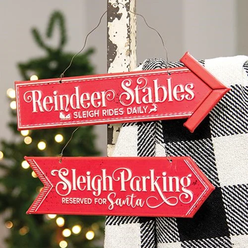 ๐ Set of 2 Reindeer & Sleigh Parking Metal Hanging Signs