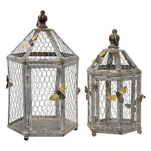 Set of 2 Rustic Bee Metal Christmas Wire Birdcage