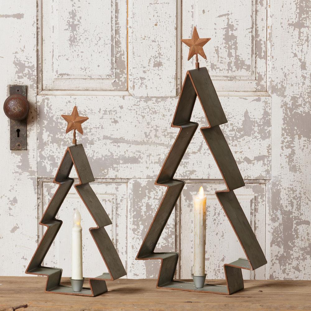 Set of 2 Rustic Cutout Christmas Tree Taper Holders