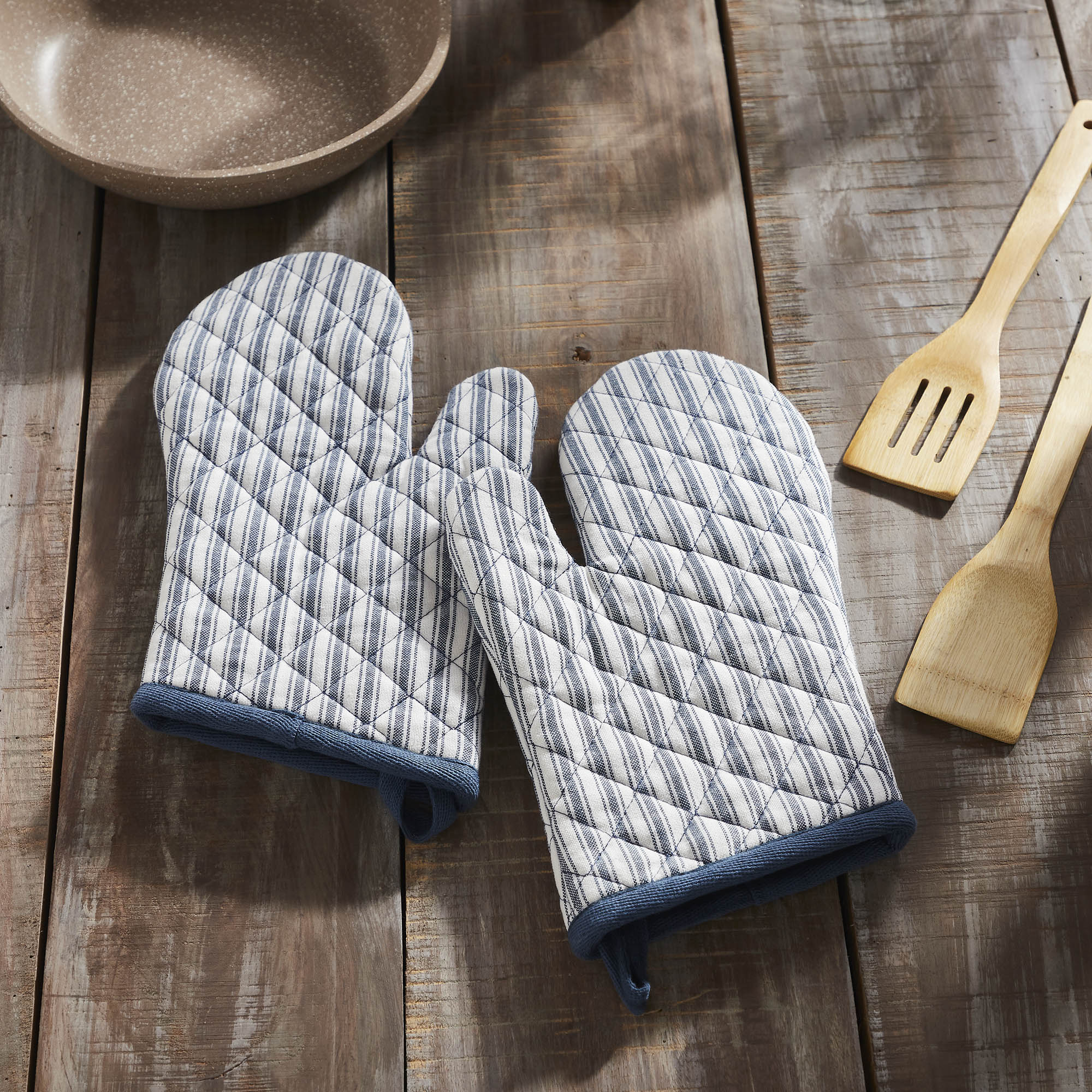 Set of 2 Sawyer Mill Blue Ticking Stripe Oven Mitts