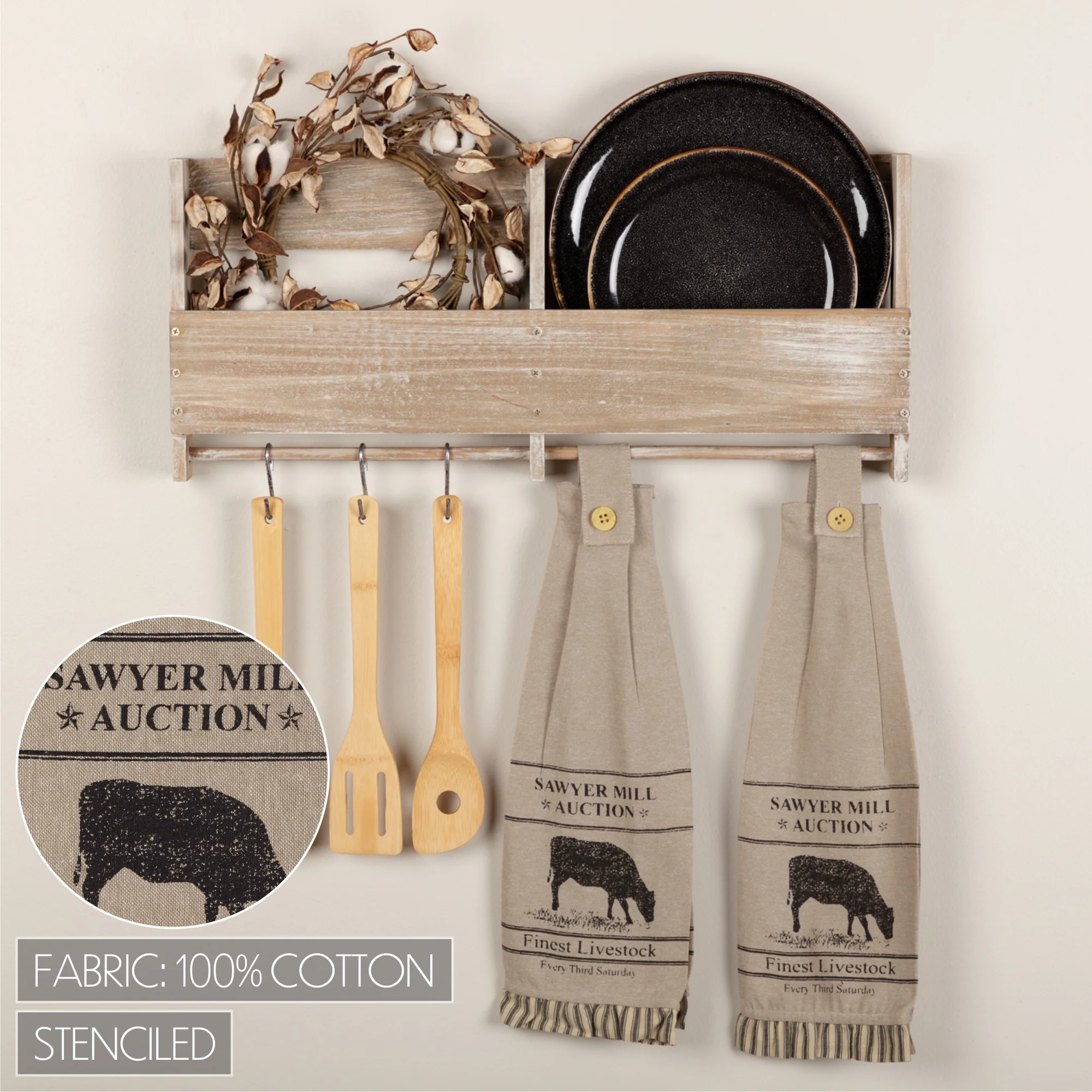 Set of 2 Sawyer Mill Charcoal Cow Button Loop Tea Towel - Image 2