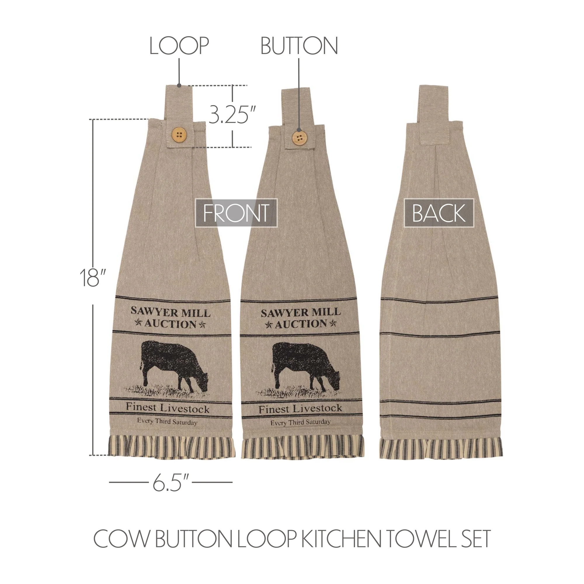 Set of 2 Sawyer Mill Charcoal Cow Button Loop Tea Towel - Image 6