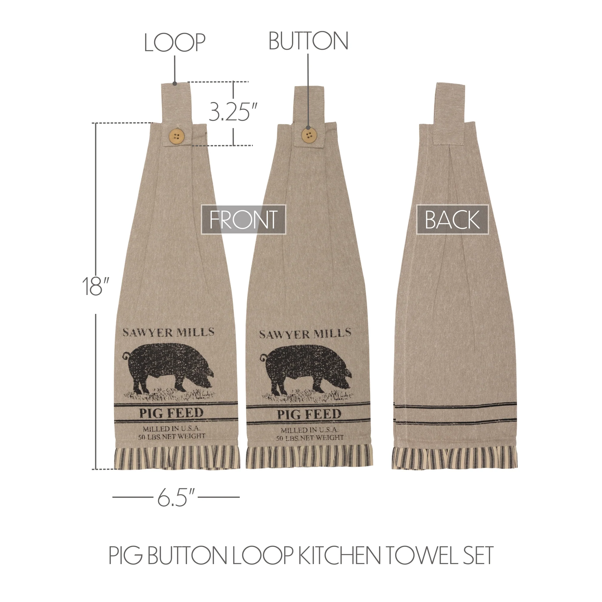 Set of 2 Sawyer Mill Charcoal Pig Button Loop Kitchen Towels - Image 4