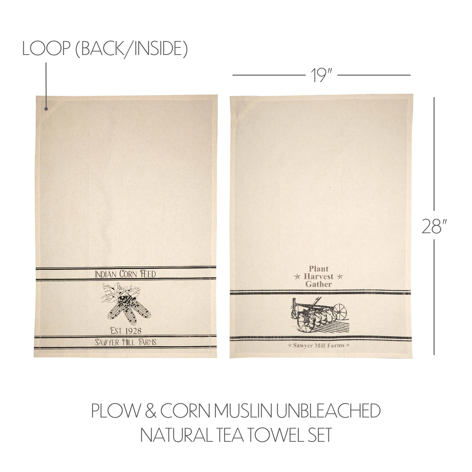 Set of 2 Sawyer Mill Charcoal Plow & Corn Muslin Unbleached Natural Tea Towel - Image 3