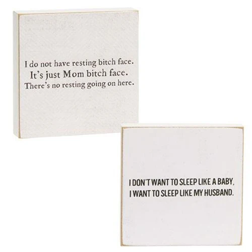 Set of 2 Sleep Like a Baby and Resting Mom Face 4" Square Block - Image 2